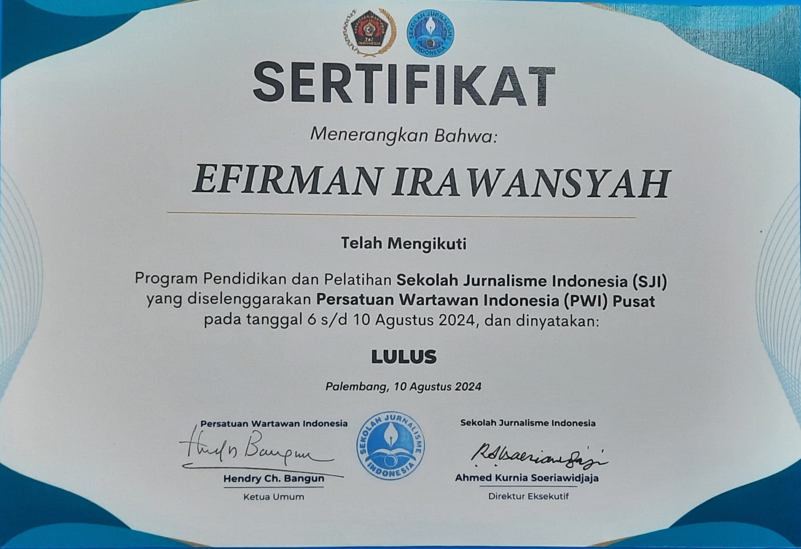 Sertifikat Sekolah Jurnalis Indonesia Efirman Irawansyah